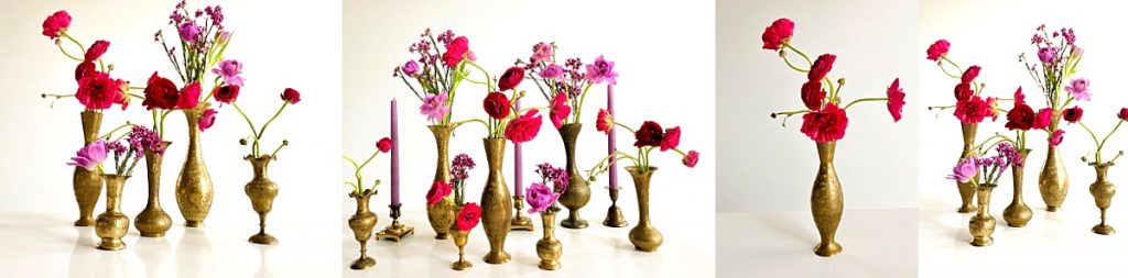 Use brass vintage bud vases for your wedding reception floral centerpieces